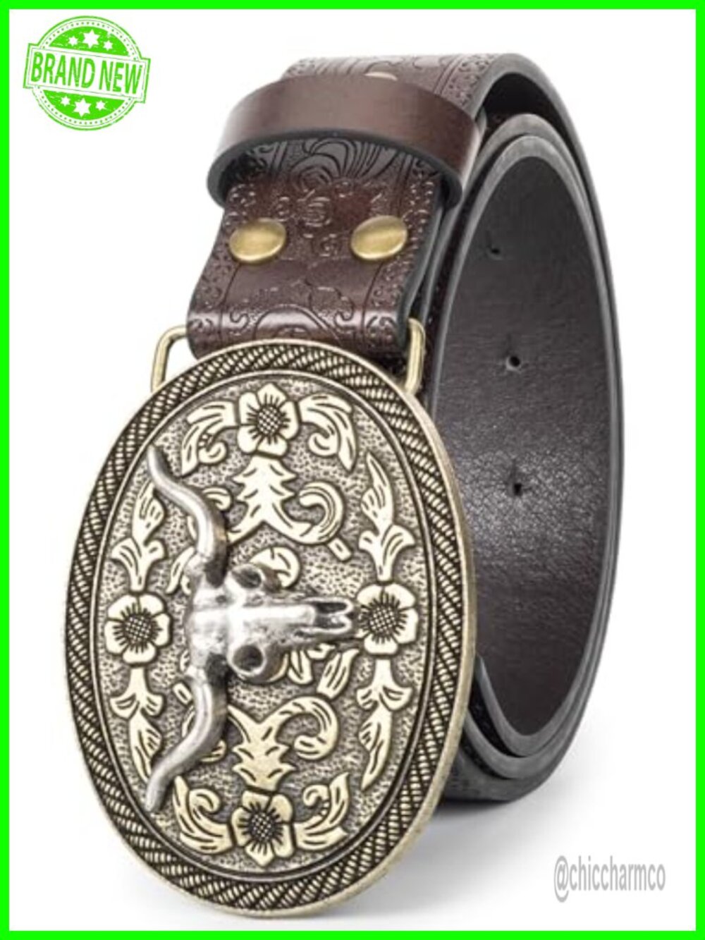 Unisex Western Cowboy Belt PU Leather Floral Engraved Bull Buckle